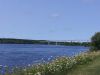 View of St. Lawrence River & bridge at Cornwall when biking on waterfront trail during Cornwall day tour by bike with Escape