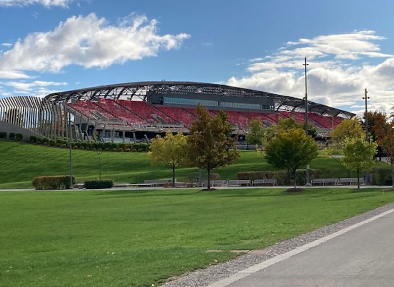 A stop at the TD Place Stadium at Lansdowne Park in Ottawa during the Good Sports Bike Tour with Escape Tours and Rentals