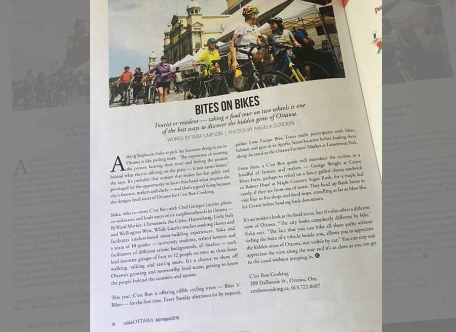 A picture of an article about Escape special tour, bike and bites tour published at Edible Ottawa magazine
