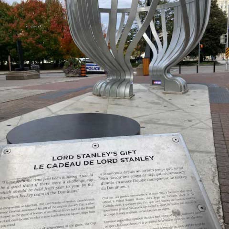 A stop at the Stanley cup Monument at sparks St. in Ottawa during Good Sports Bike Tour with Escape Tours and Rentals.