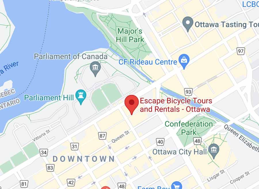 Map, address, email and phone number for Escape Bicycle Tours and Rentals on Sparks St. Ottawa