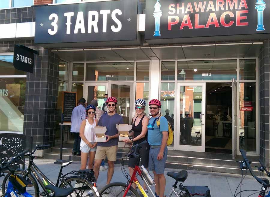 Guest stop at 3 Tarts in Centretown to sample delicious dessert during bike and food tour of Ottawa with Escape Tours rentals