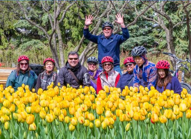 Family and friends are happily visiting the Tulip festival at Commissioners park, Dow’s Lake during Escape Tulip bike tour in Ottawa in May