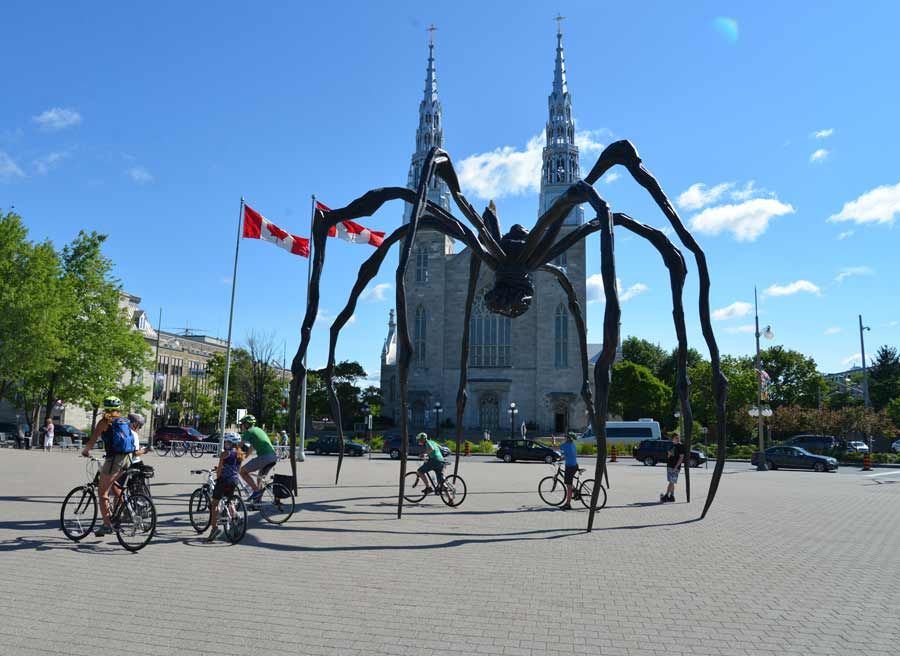 Participants biking through Spider Maman in front of National Art Gallery during Ottawa express bike tour with Escape