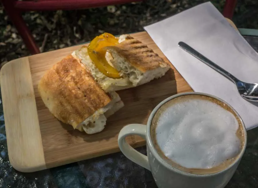 Lunch stop at a local cafe with panini sandwich and Cappuccino during best of Ottawa day tour by bike by Escape on Sparks