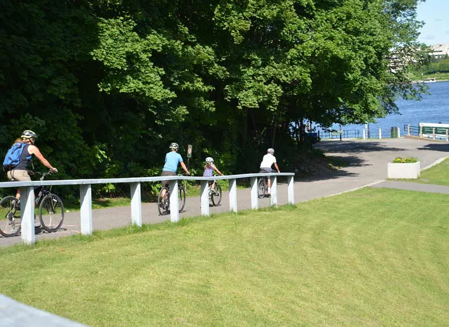 Small-group tour guests are cycling at Ottawa River Pathways on sunny day during Ottawa highlights bike tour by Escape