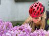A woman is visiting Ottawa gardens and smelling pink flowers during Escape garden promenade self-guided bike tour in Ottawa