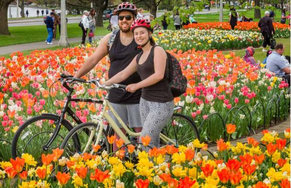 Couple enjoying a special tulip bike tour in Ottawa with Escape tours rentals at Dow's Lake